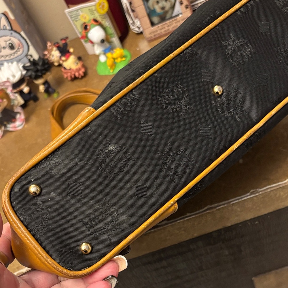MCM Black Canvas Tote with Cognac Trim and Gold Plaque - Picture 11 of 16